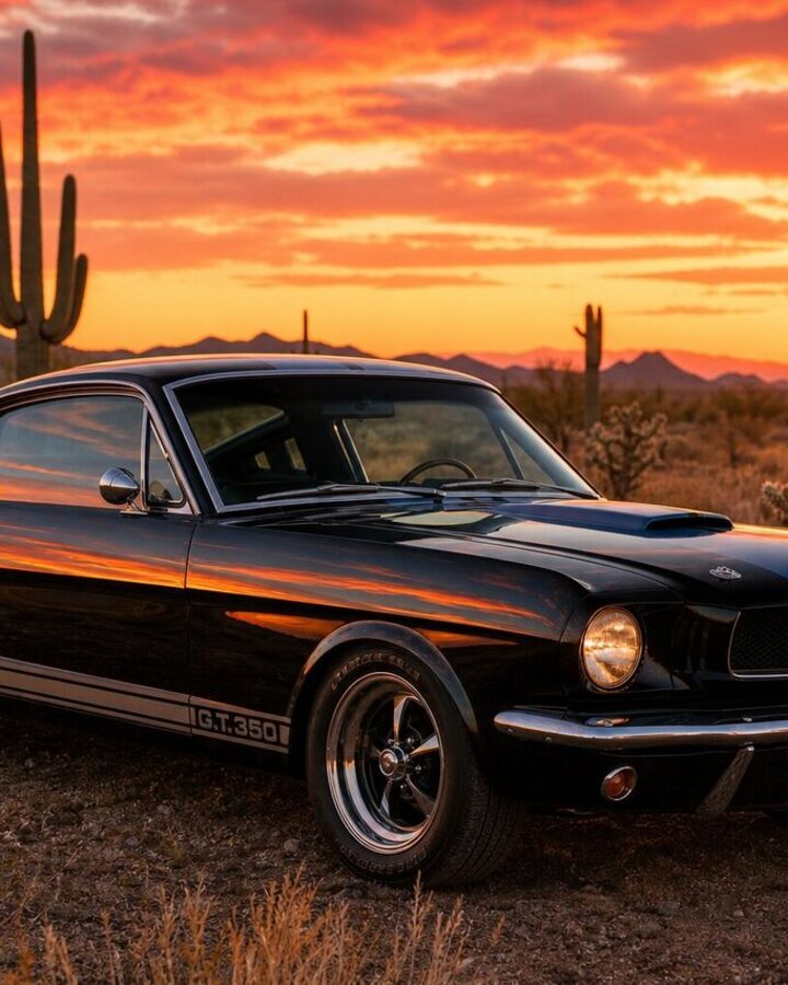 Чёрный Shelby GT350 1966 в пустыне с кактусами, на борту отражается закат